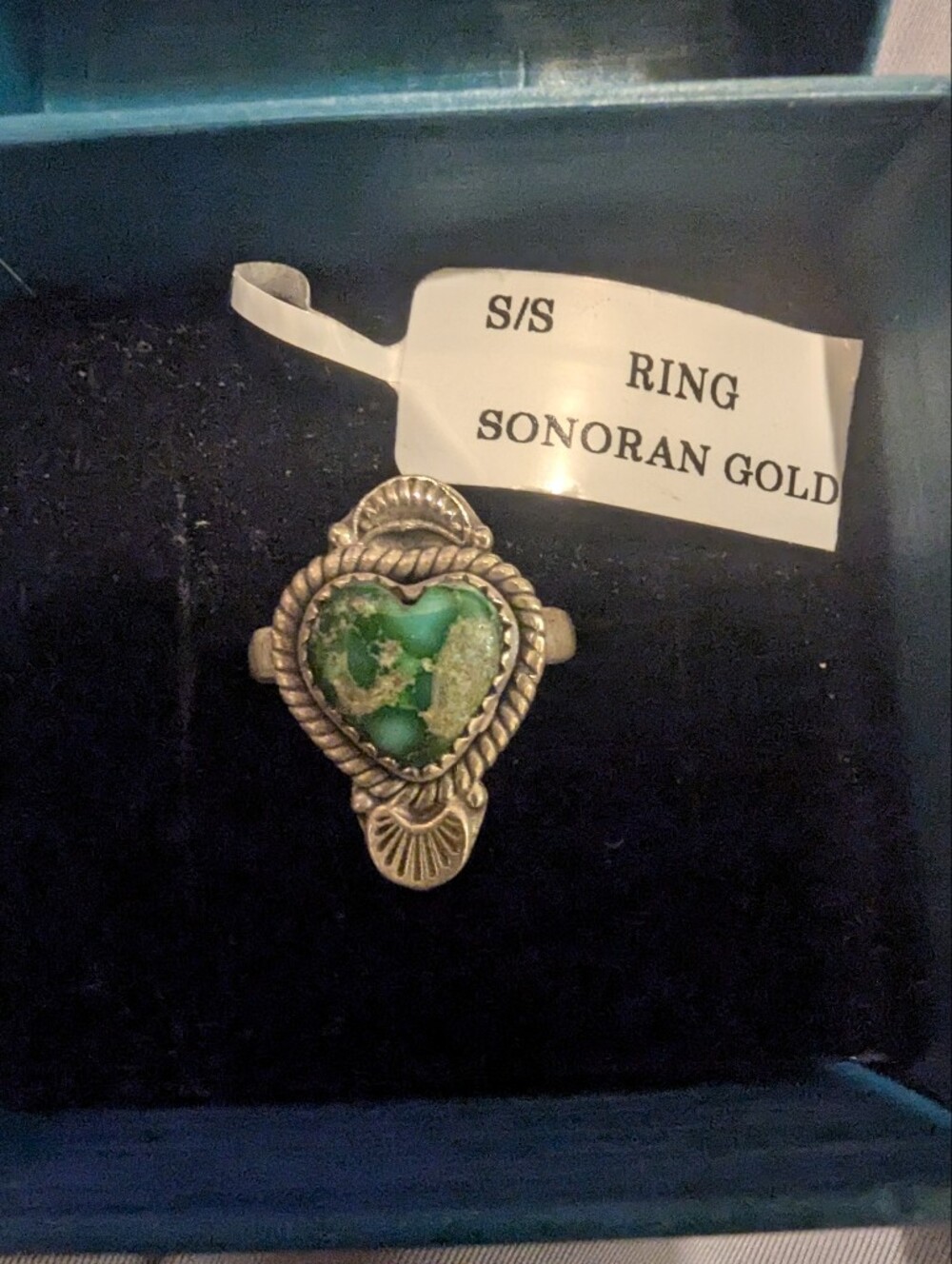 Sterling Silver Green Sanoran Gold Turquoise Adjustable  Heart Ring - Picture 7 of 9